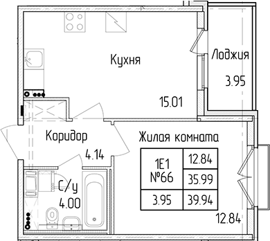 1-комнатная квартира 35.99 м², 4/4 эт., ЖК «Любоград в Стрельне»